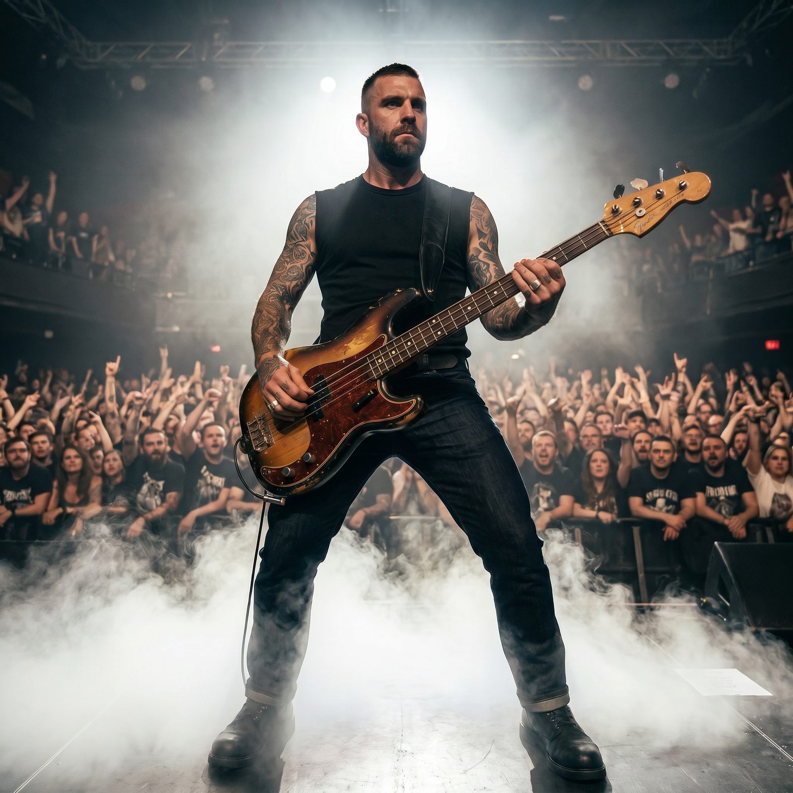 Dean Cross, bassist of Whetstone Ridge, playing bass guitar on stage