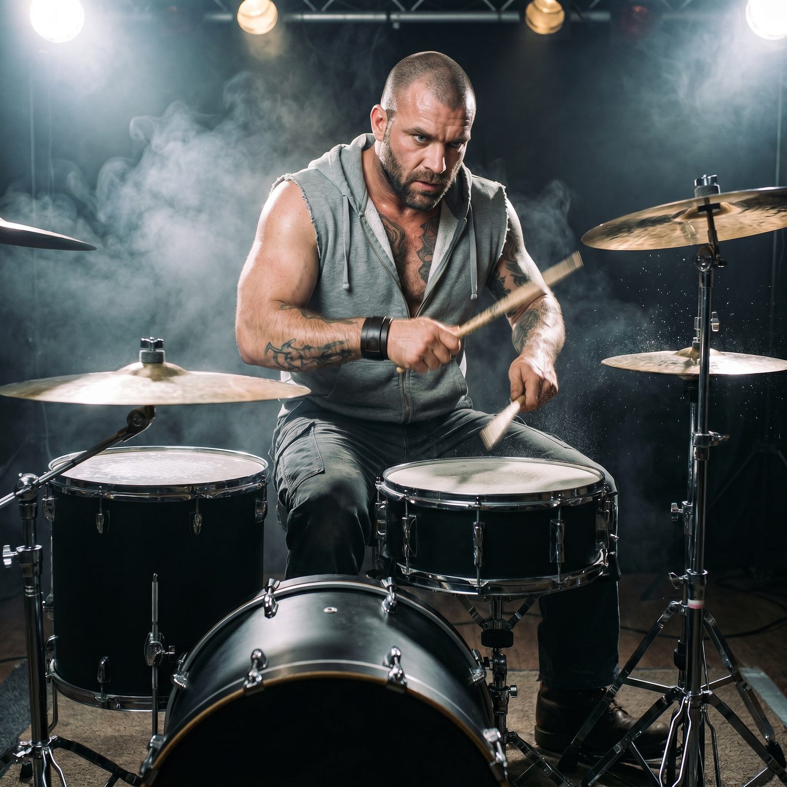 Hank Briggs, drummer of Whetstone Ridge, playing drums on stage